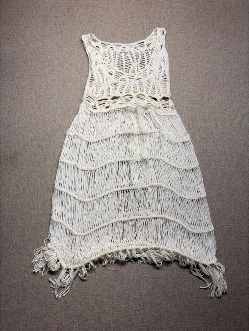 Lira Crochet Fringe Tunic Cover Up Ivory Boho Festival Beach Sleeveless Size S